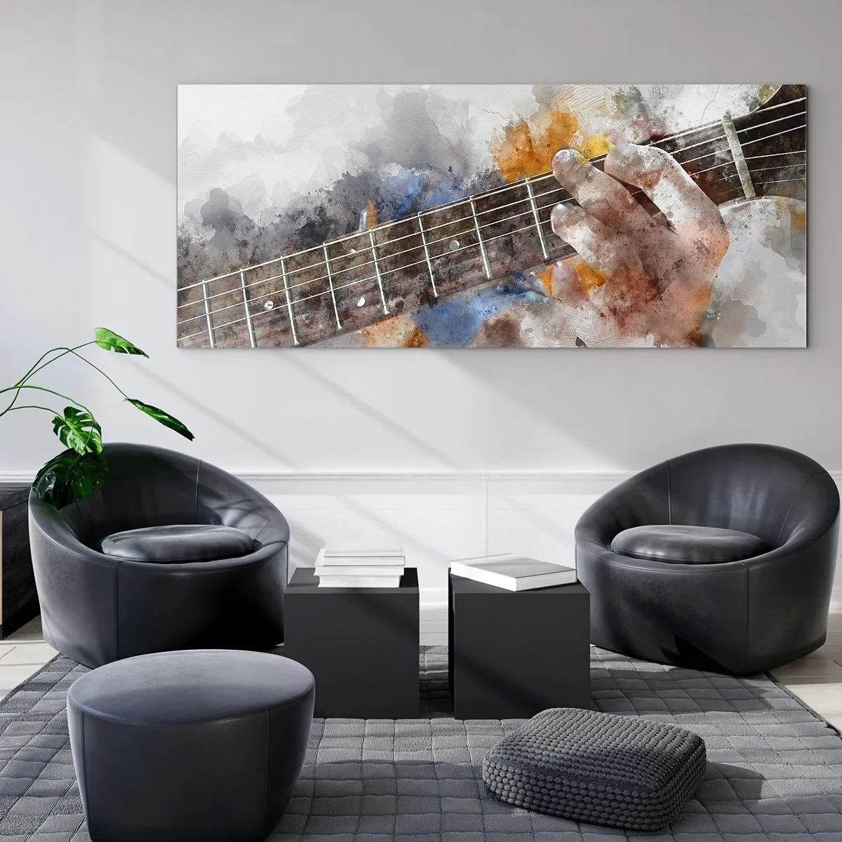 Glasbild - Bild auf glas - Abstraktes Bild einer Hand, die Gitarre spielt - 160x50cm - Poesie zwischen den Saiten - Moderne Wanddekoration für Wohnzimmer und Schlafzimmer ARTTOR