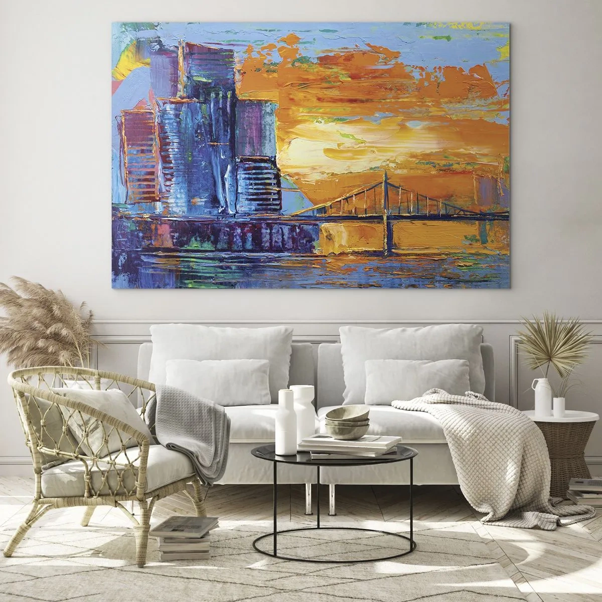 Glasbild - Bild auf glas - Die farbenfrohe Stadt und die Brücke im Schein der untergehenden Sonne - 70x50cm - Kultur und Natur - Moderne Wanddekoration für Wohnzimmer und Schlafzimmer ARTTOR