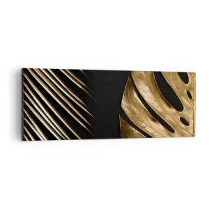 Bild auf Leinwand - Leinwandbild - Goldene Blätter auf schwarzem Hintergrund - 140x50cm - Anders und genauso teuer - Moderne Wanddekoration für Wohnzimmer und Schlafzimmer ARTTOR