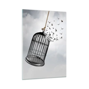 Glasbild - Bild auf glas - Die Öffnung des Käfigs und die Vögel, die aus ihm herausfliegen, gegen den Himmel - 50x70cm - Glaube ... Hoffnung ... Freiheit! - Moderne Wanddekoration für Wohnzimmer und Schlafzimmer ARTTOR