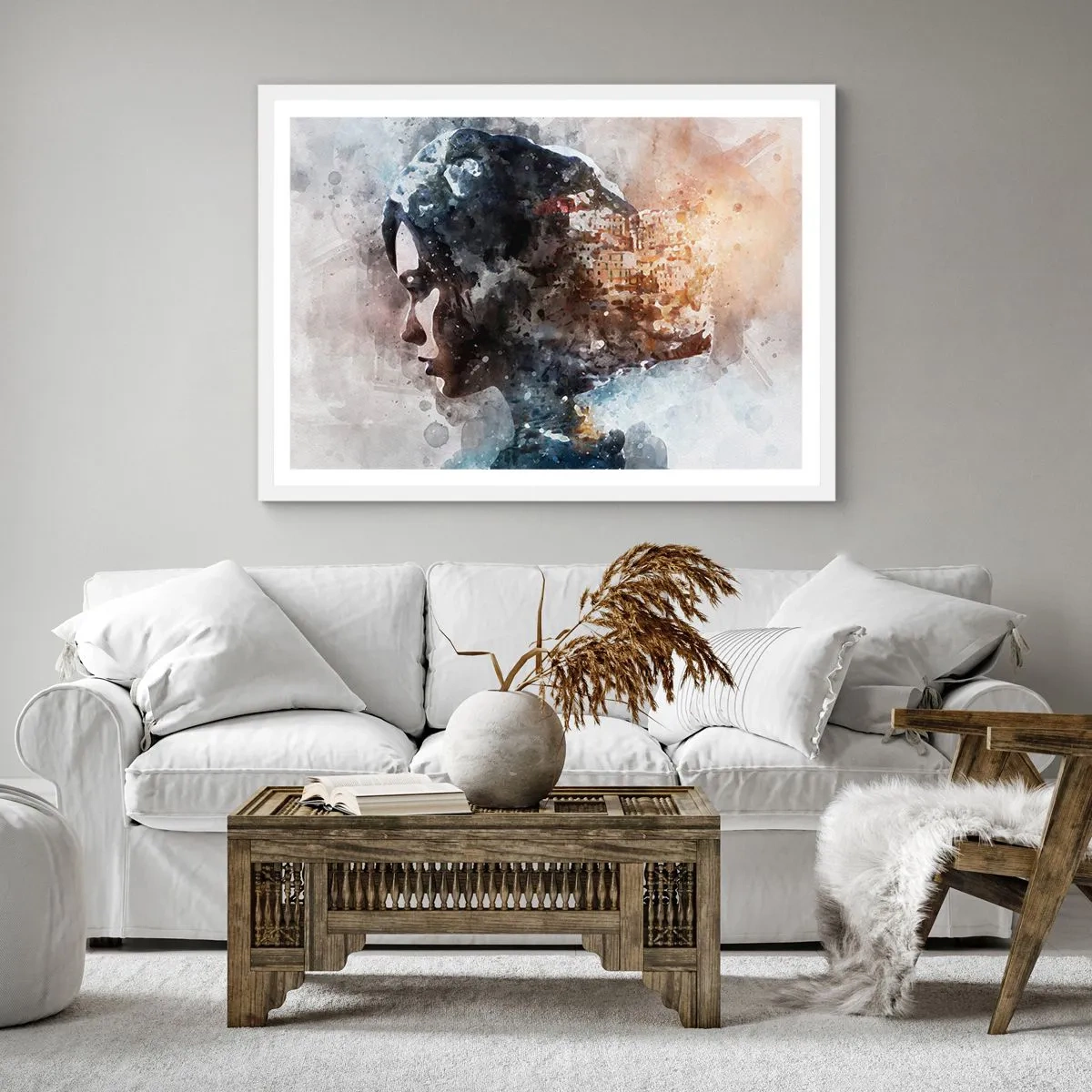 Poster in einem weißen Rahmen - Eine Geschichte über ein Mädchen mit einer Stadt im Hintergrund - 40x40 cm