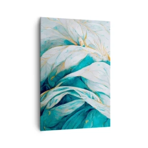 Bild auf Leinwand - Leinwandbild - Abstrakte blaue Blätter mit goldenen Details - 70x100cm - Blaue Abstraktion mit goldenem Motiv - Moderne Wanddekoration für Wohnzimmer und Schlafzimmer ARTTOR