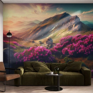 Fototapete Premium Sand - Sommerliche Berglandschaft mit rosa Rhododendren - 100x70cm - Sommer in den Bergen - Moderne Wanddekoration für Wohnzimmer und Schlafzimmer ARTTOR
