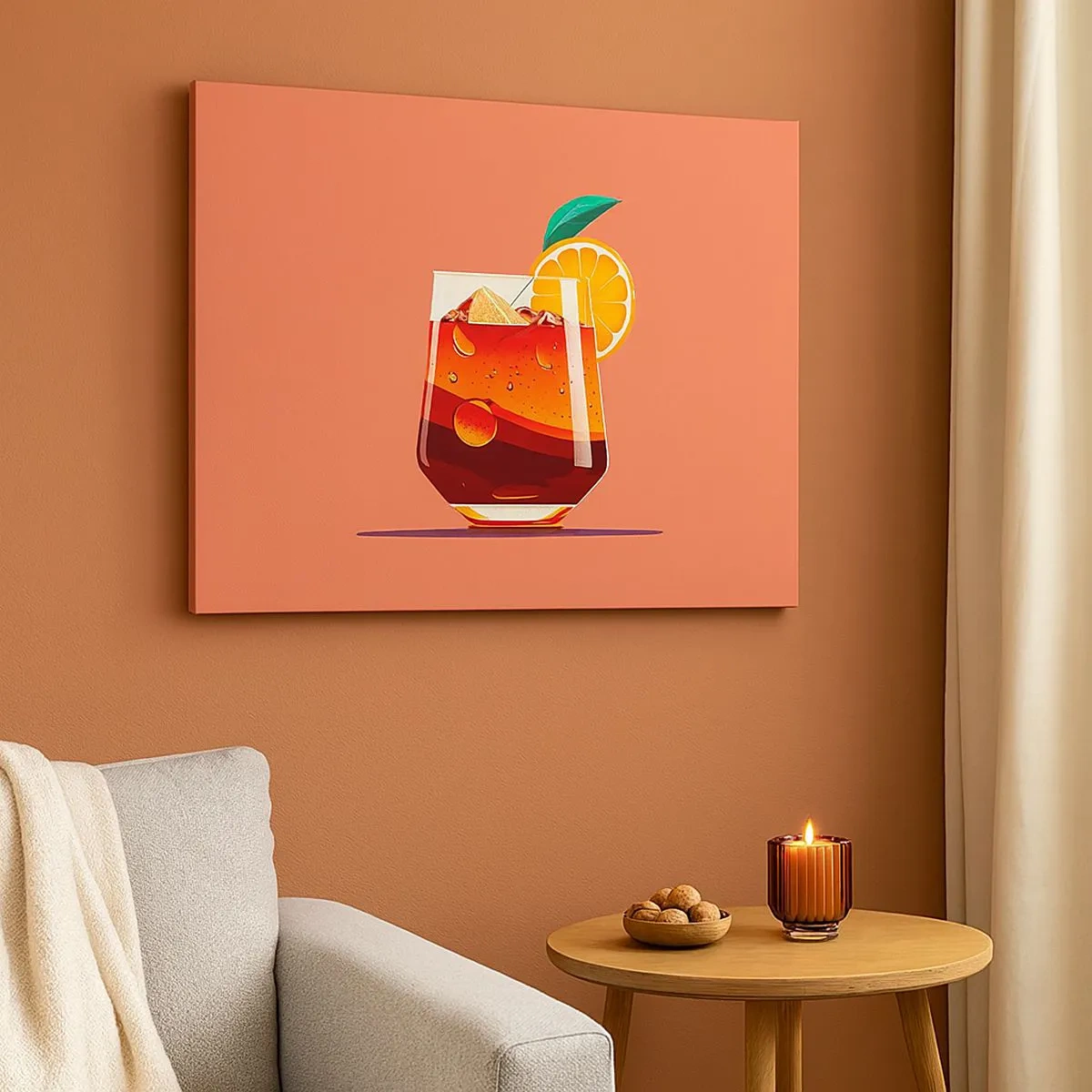 Bild auf Leinwand - Leinwandbild - Ein Glas Getränk und eine Orangenscheibe auf orangefarbenem Hintergrund - 70x50cm - Sommerliche Erfrischung - Moderne Wanddekoration für Wohnzimmer und Schlafzimmer ARTTOR