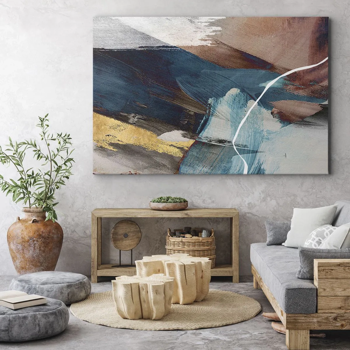 Bild auf Leinwand - Leinwandbild - Abstrakte Pinselstriche in Blau- und Goldtönen - 70x50cm - Großzügig und mit Energie - Moderne Wanddekoration für Wohnzimmer und Schlafzimmer ARTTOR