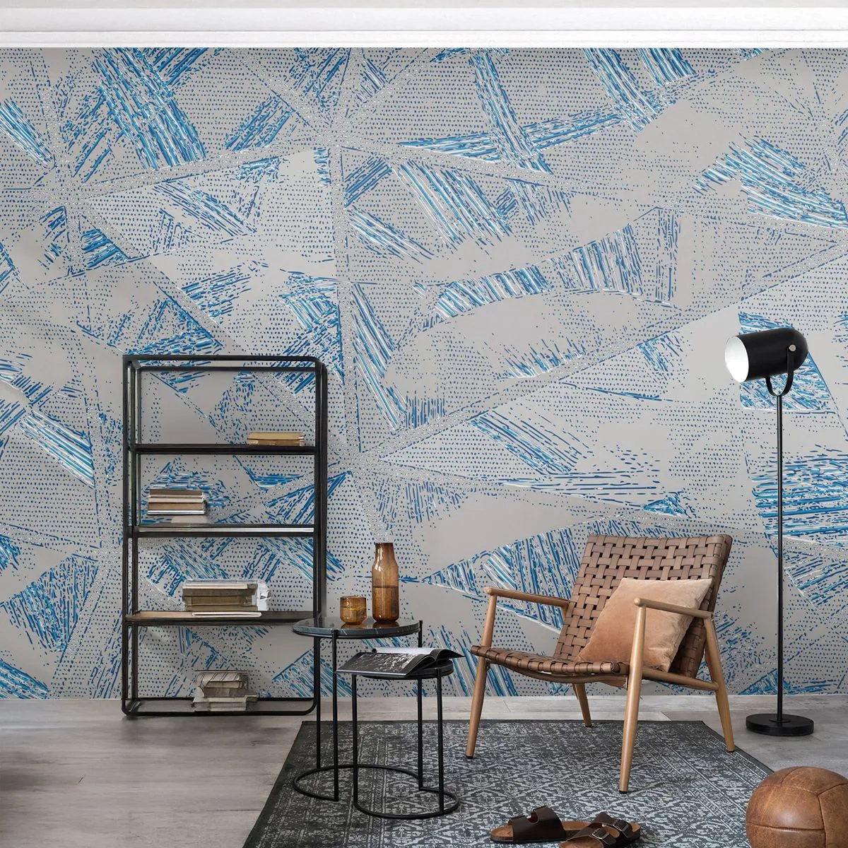 Fototapete Premium Sand - Geometrisches Muster in Grau- und Blautönen - 100x70cm - In einem blaugrauen Labyrinth - Moderne Wanddekoration für Wohnzimmer und Schlafzimmer ARTTOR