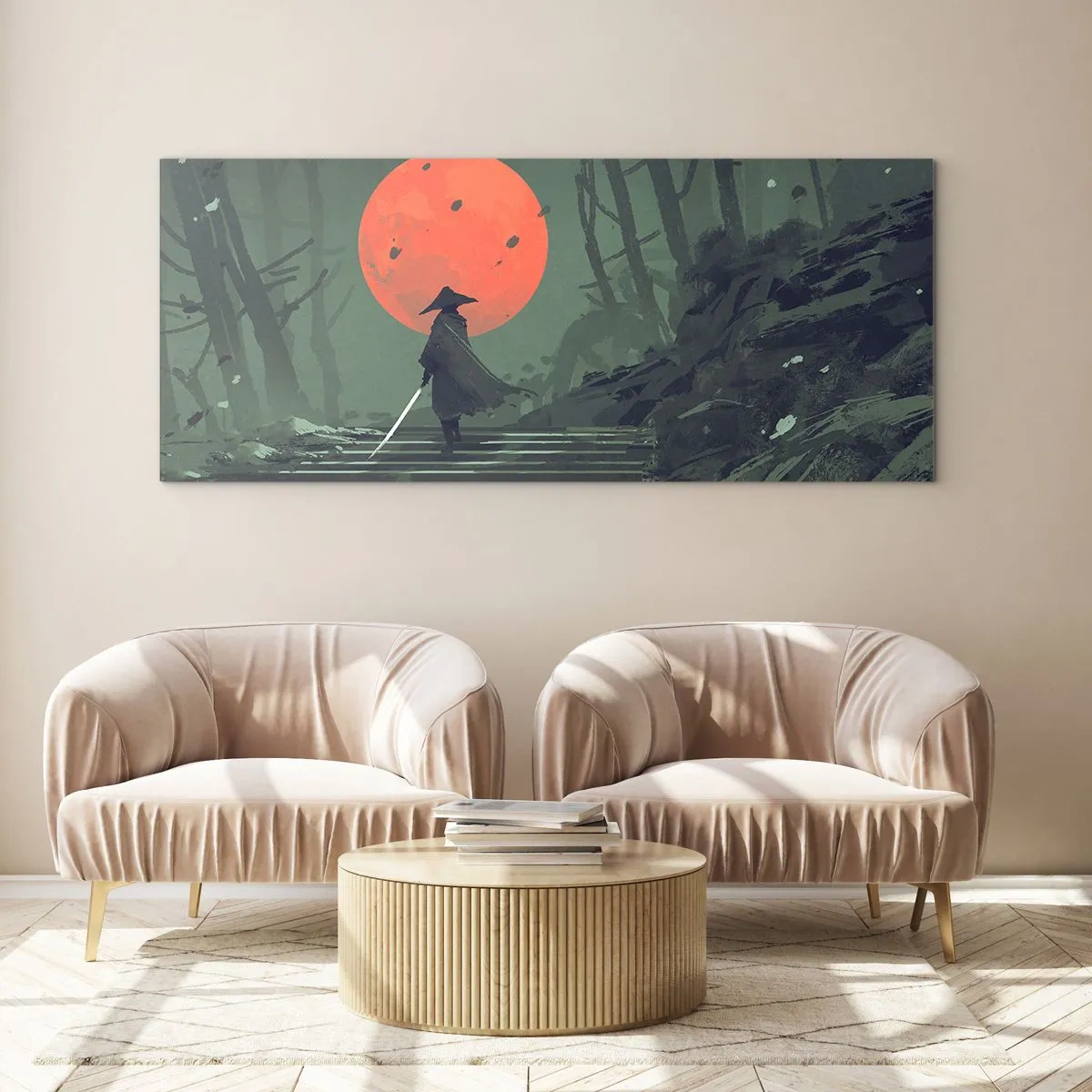 Glasbild - Bild auf glas - Ein einsamer Krieger mit einem Schwert vor dem Hintergrund eines roten Mondes in einem dunklen Wald. - 120x50cm - Krieger des Roten Mondes - Moderne Wanddekoration für Wohnzimmer und Schlafzimmer ARTTOR