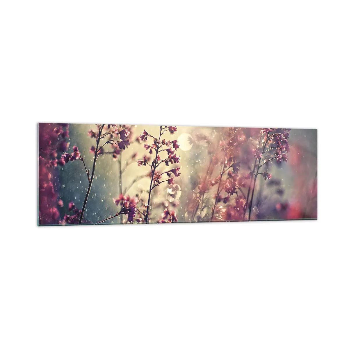 Glasbild - Bild auf glas - Blumen im Sonnenlicht vor dem Hintergrund der Natur - 160x50cm - Geheimnisvoller Garten - Moderne Wanddekoration für Wohnzimmer und Schlafzimmer ARTTOR