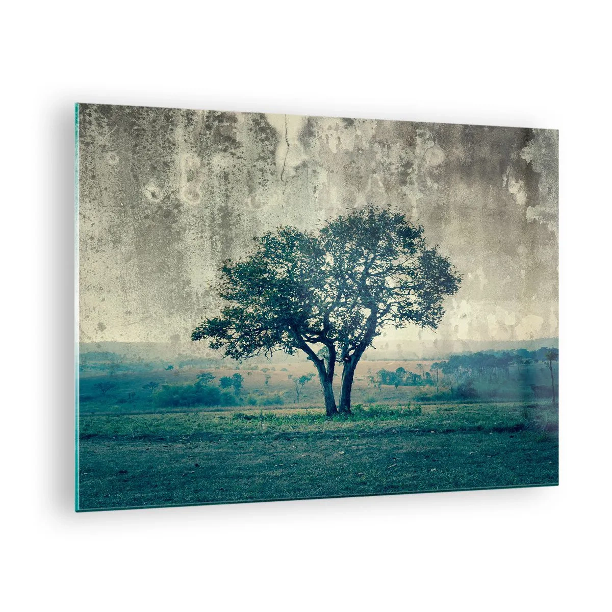 Glasbild - Bild auf glas - Ein einsamer Baum in einer Vintage-Landschaft - 70x50cm - Ein Apfelbaum auf blauem Feld? - Moderne Wanddekoration für Wohnzimmer und Schlafzimmer ARTTOR