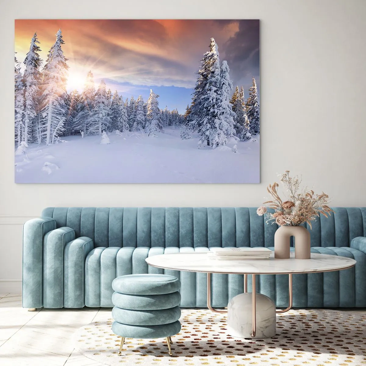 Glasbild - Bild auf glas - Winterlandschaft mit schneebedeckten Bäumen bei Sonnenuntergang - 70x50cm - Ein verschneites Naturschauspiel - Moderne Wanddekoration für Wohnzimmer und Schlafzimmer ARTTOR