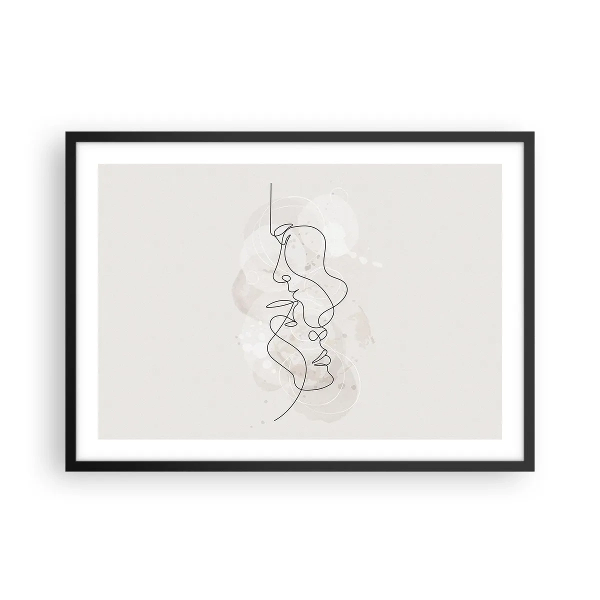 Poster in einem schwarzem Rahmen - Abstrakte Umrisse zweier Gesichter auf hellem Hintergrund - 70x50cm - Verstrickt in eine Umarmung - Moderne Wanddekoration für Wohnzimmer und Schlafzimmer ARTTOR