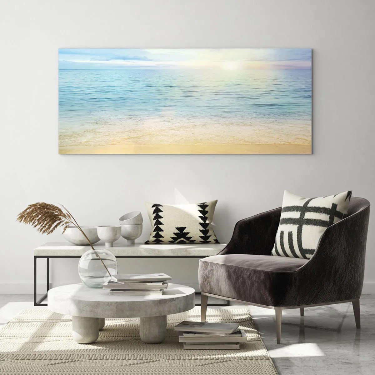 Glasbild - Bild auf glas - Ein Strand mit türkisfarbenem Meer und klarem Himmel - 120x50cm - Großes Blau - Moderne Wanddekoration für Wohnzimmer und Schlafzimmer ARTTOR