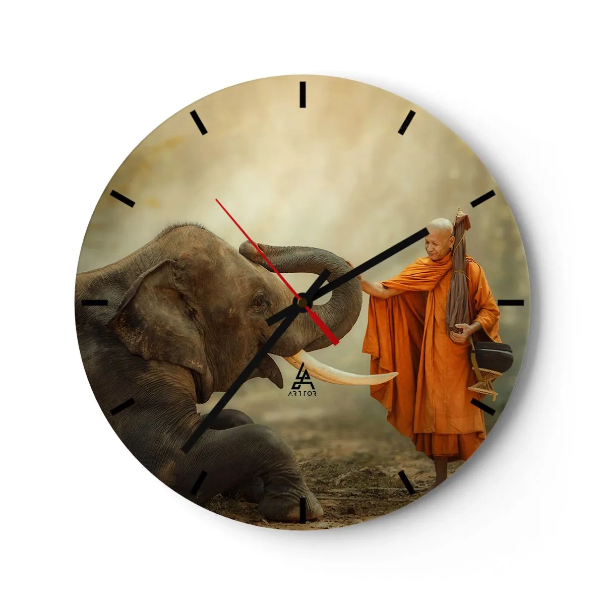 Wanduhr - Glasuhr - Ein buddhistischer Mönch und ein Elefant in einer friedlichen, natürlichen Umgebung - 30x30cm - Treffen unterwegs - Moderne Wanddekoration für Wohnzimmer, Küche und Schlafzimmer ARTTOR
