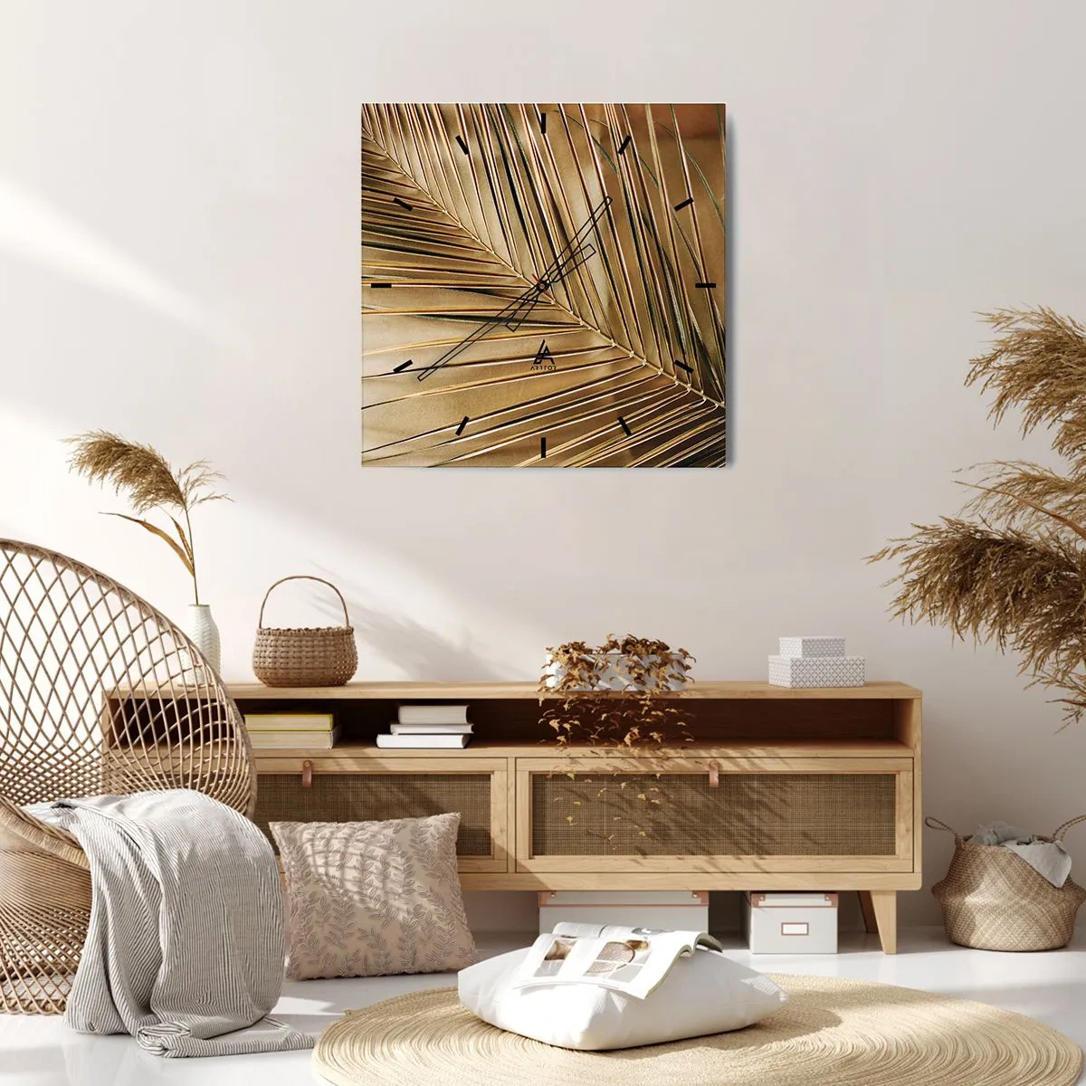 Wanduhr - Glasuhr - Goldenes Palmblatt auf einem einfarbigen Hintergrund - 30x30cm - Natürliche Kolonnade - Moderne Wanddekoration für Wohnzimmer und Schlafzimmer ARTTOR