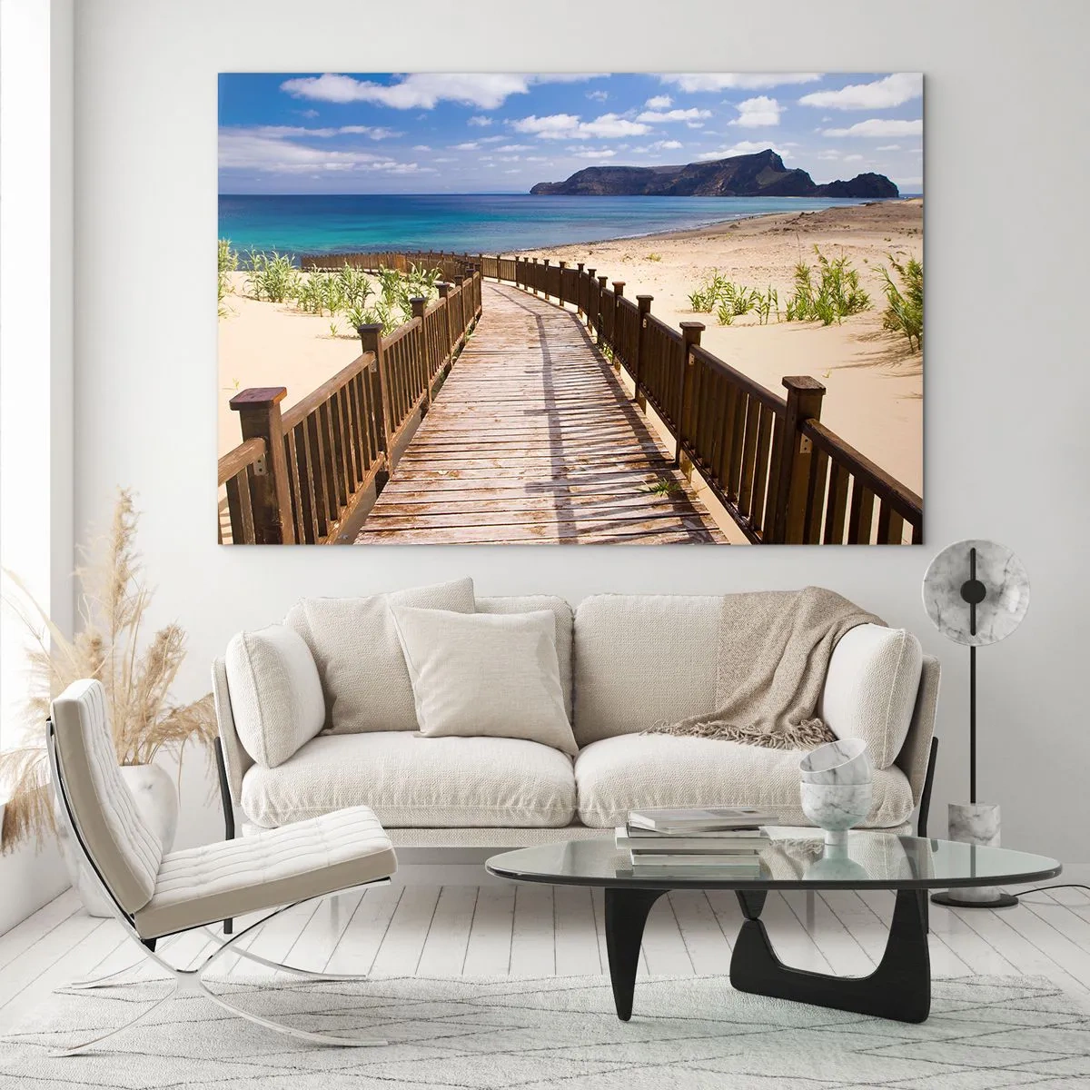 Glasbild - Bild auf glas - Holzweg am Strand, der zum Meer führt - 100x70cm - Bring mich zu den glücklichen Inseln - Moderne Wanddekoration für Wohnzimmer und Schlafzimmer ARTTOR