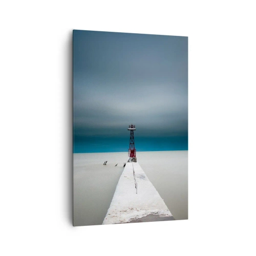 Bild auf Leinwand - Leinwandbild - Ein Leuchtturm am Ende eines Betonpfeilers in einer kargen Landschaft - 80x120cm - Um der Weite zu begegnen - Moderne Wanddekoration für Wohnzimmer und Schlafzimmer ARTTOR
