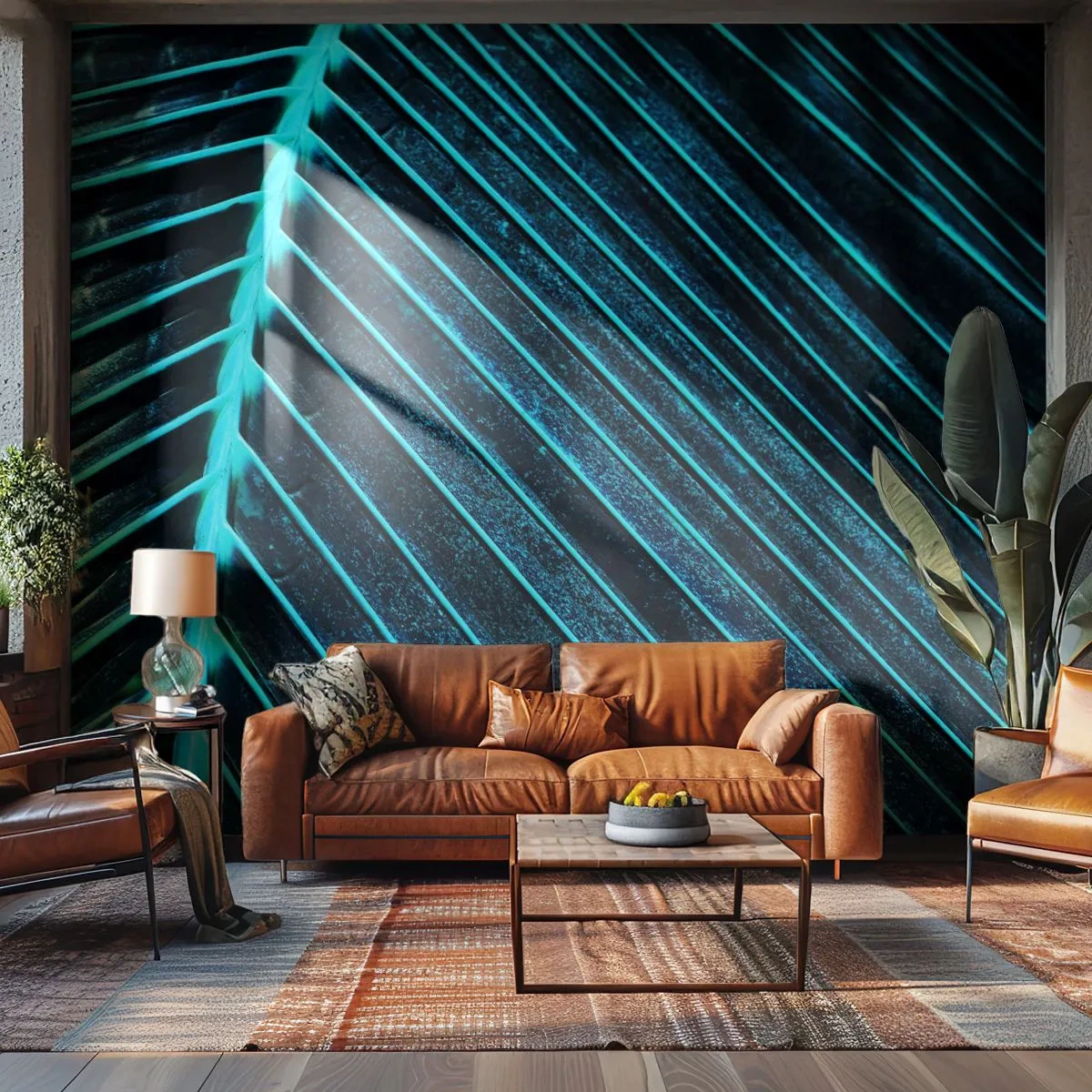 Fototapete Premium Sand - Nahaufnahme eines Palmblattes in kühlen Grüntönen - 100x70cm - Grüne Textur - Moderne Wanddekoration für Wohnzimmer und Schlafzimmer ARTTOR