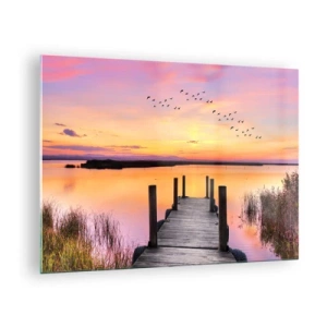 Glasbild - Bild auf glas - Lakeside Pier bei Sonnenuntergang mit Vögeln am Himmel - 70x50cm - Violette stille Morgendämmerung - Moderne Wanddekoration für Wohnzimmer und Schlafzimmer ARTTOR