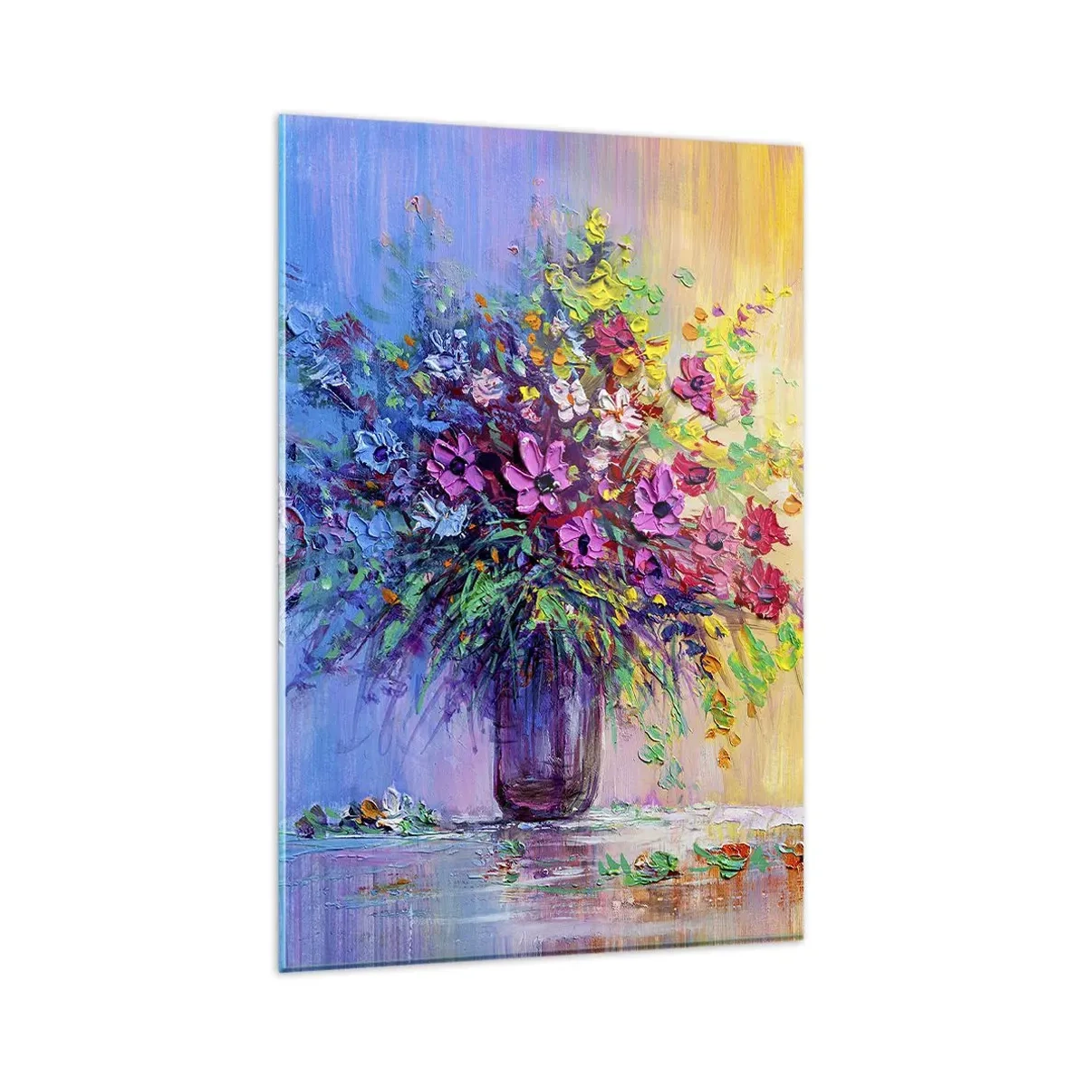 Glasbild - Bild auf glas - Ein bunter Blumenstrauß in einer Vase vor einem Hintergrund mit Farbverlauf - 80x120cm - Sommergeschenk der Wiese - Moderne Wanddekoration für Wohnzimmer und Schlafzimmer ARTTOR