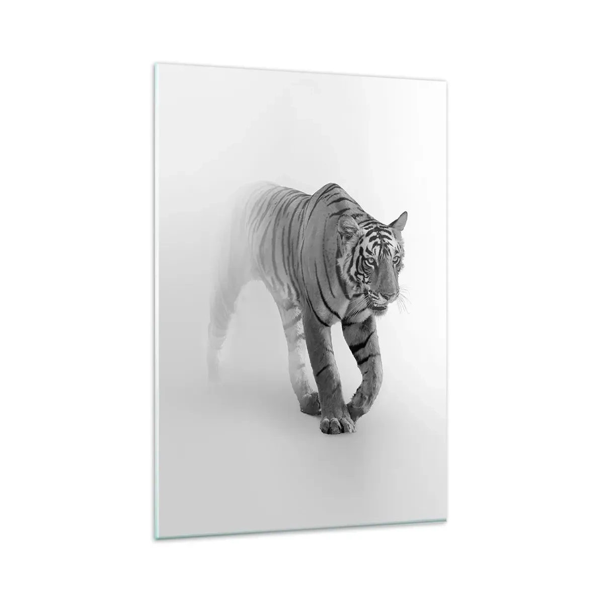 Glasbild - Bild auf glas - Ein Tiger taucht aus dem Nebel auf - 80x120cm - Im Nebel gelauert - Moderne Wanddekoration für Wohnzimmer und Schlafzimmer ARTTOR