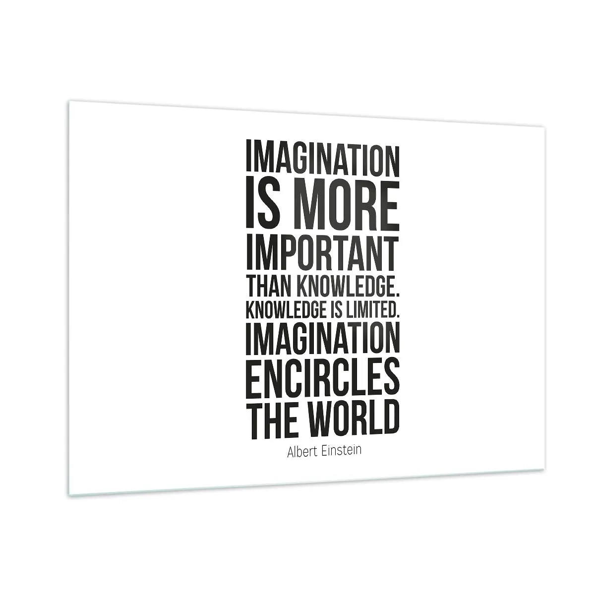 Glasbild - Bild auf glas - Ein Zitat über Vorstellungskraft in minimalistischer Typografie - 100x70cm - Einstein über die Kraft der Vorstellungskraft - Moderne Wanddekoration für Wohnzimmer und Schlafzimmer ARTTOR
