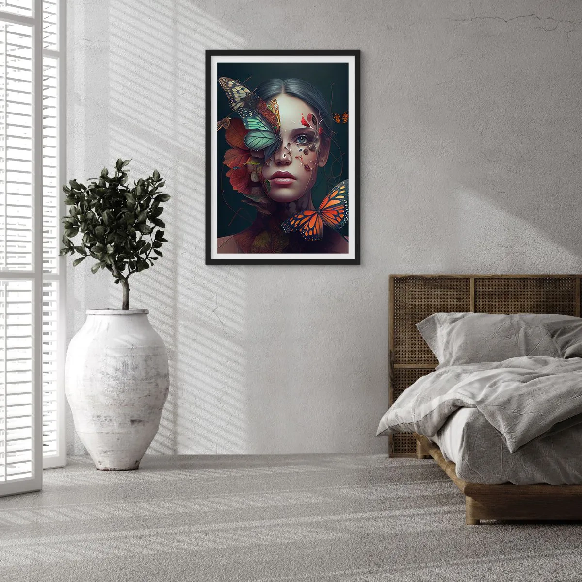 Poster in einem schwarzem Rahmen - Porträt einer Frau mit Schmetterlingen und Blättern - 50x70cm - Wunderbare Metamorphose - Moderne Wanddekoration für Wohnzimmer und Schlafzimmer ARTTOR