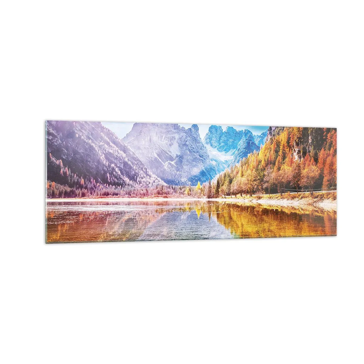 Glasbild - Bild auf glas - Herbstliche Berglandschaft mit See - 140x50cm - Und in den Bergen ist es schon Herbst - Moderne Wanddekoration für Wohnzimmer und Schlafzimmer ARTTOR