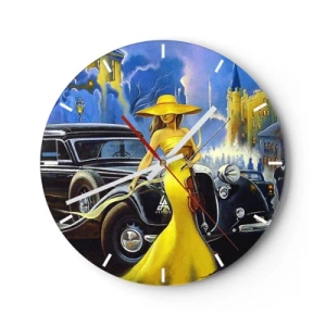 Wanduhr - Glasuhr - Eine Frau in einem gelben Kleid mit einer Geige neben einem Oldtimer. - 30x30cm - Nocturne für Violine und Liebe - Moderne Wanddekoration für Wohnzimmer, Küche und Schlafzimmer ARTTOR