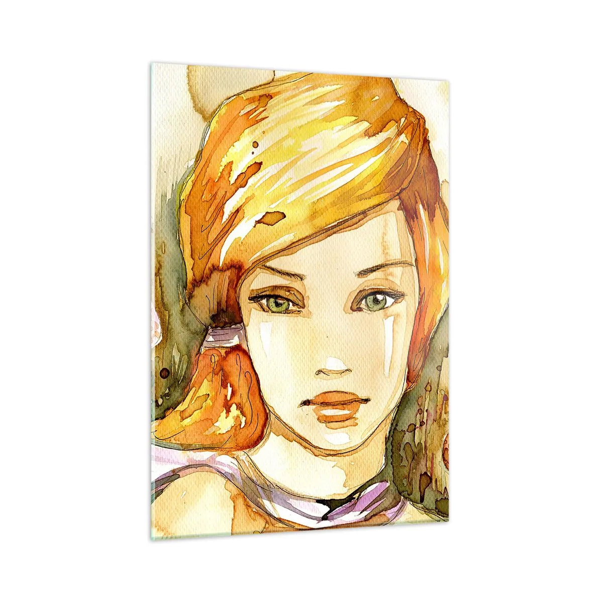 Glasbild - Bild auf glas - Porträt einer Frau im Aquarellstil mit Abstraktion - 50x70cm - Ein smaragdgrüner Look, der die Wut beruhigt - Moderne Wanddekoration für Wohnzimmer und Schlafzimmer ARTTOR