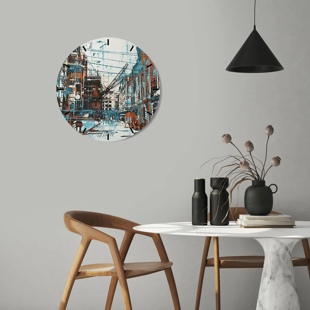 Wanduhr - Glasuhr - Abstrakte Stadtstraße in Blau- und Brauntönen - 30x30cm - Ein abgenutzter Stadtwanderweg - Moderne Wanddekoration für Wohnzimmer, Küche und Schlafzimmer ARTTOR