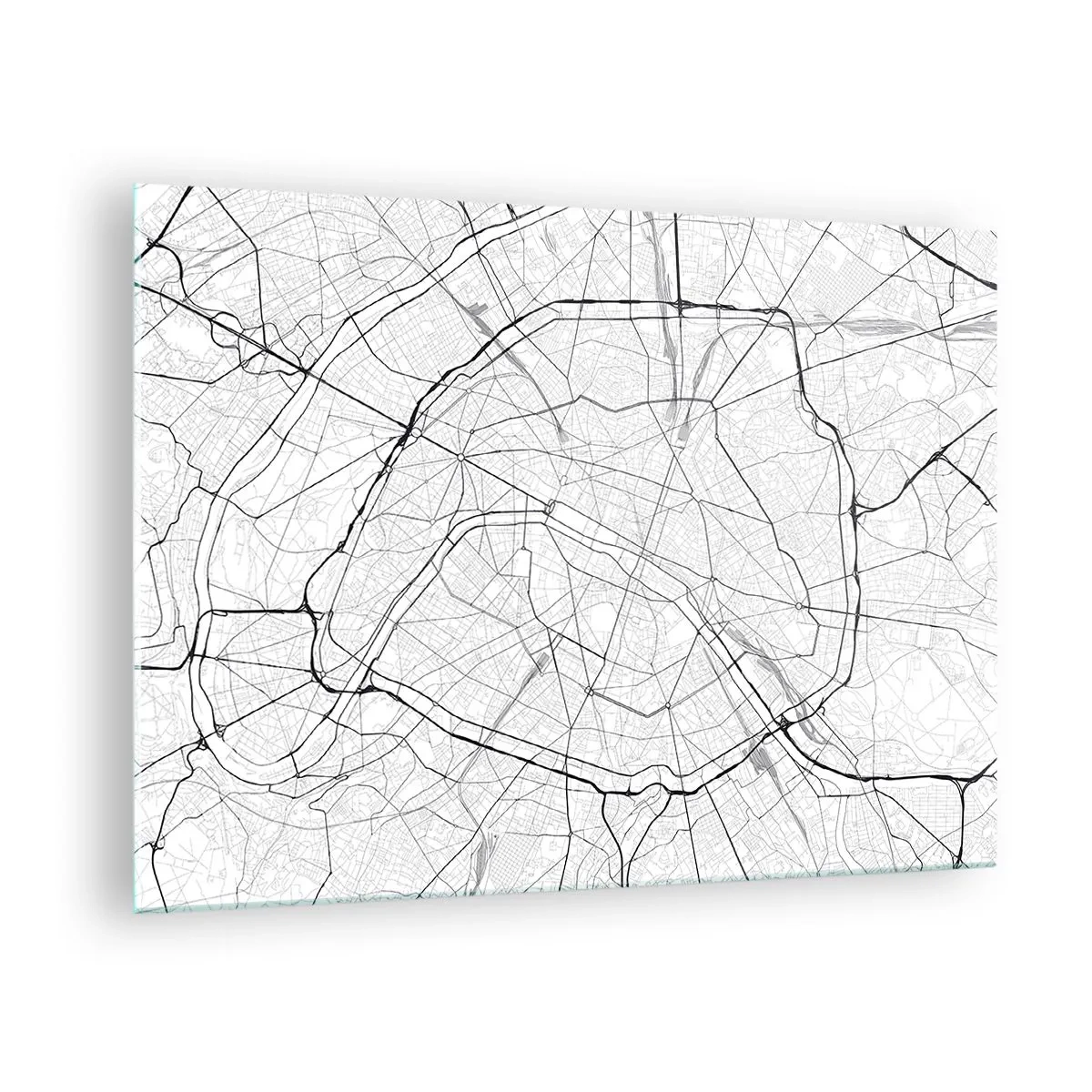Glasbild - Bild auf glas - Schwarz-weißer Stadtplan mit Straßenraster und Ringstraßen - 70x50cm - Pariser Blume - Moderne Wanddekoration für Wohnzimmer und Schlafzimmer ARTTOR