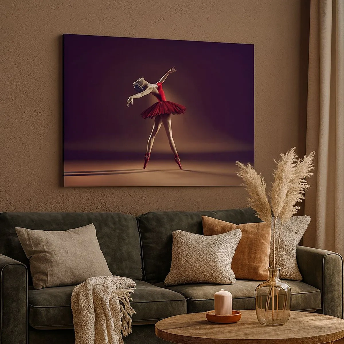Bild auf Leinwand - Leinwandbild - Eine Balletttänzerin in einem roten Kleid vor dem Hintergrund einer Bühne - 70x50cm - Eine Primaballerina - Moderne Wanddekoration für Wohnzimmer und Schlafzimmer ARTTOR