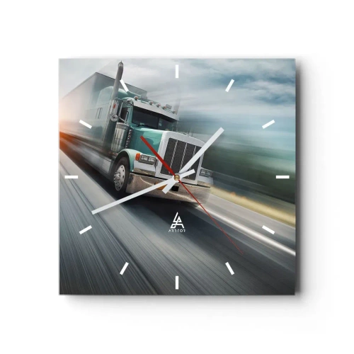 Wanduhr - Glasuhr - Ein LKW auf der Autobahn in Bewegung bei Sonnenuntergang - 30x30cm - Der amerikanische Riese in Eile - Moderne Wanddekoration für Wohnzimmer und Schlafzimmer ARTTOR