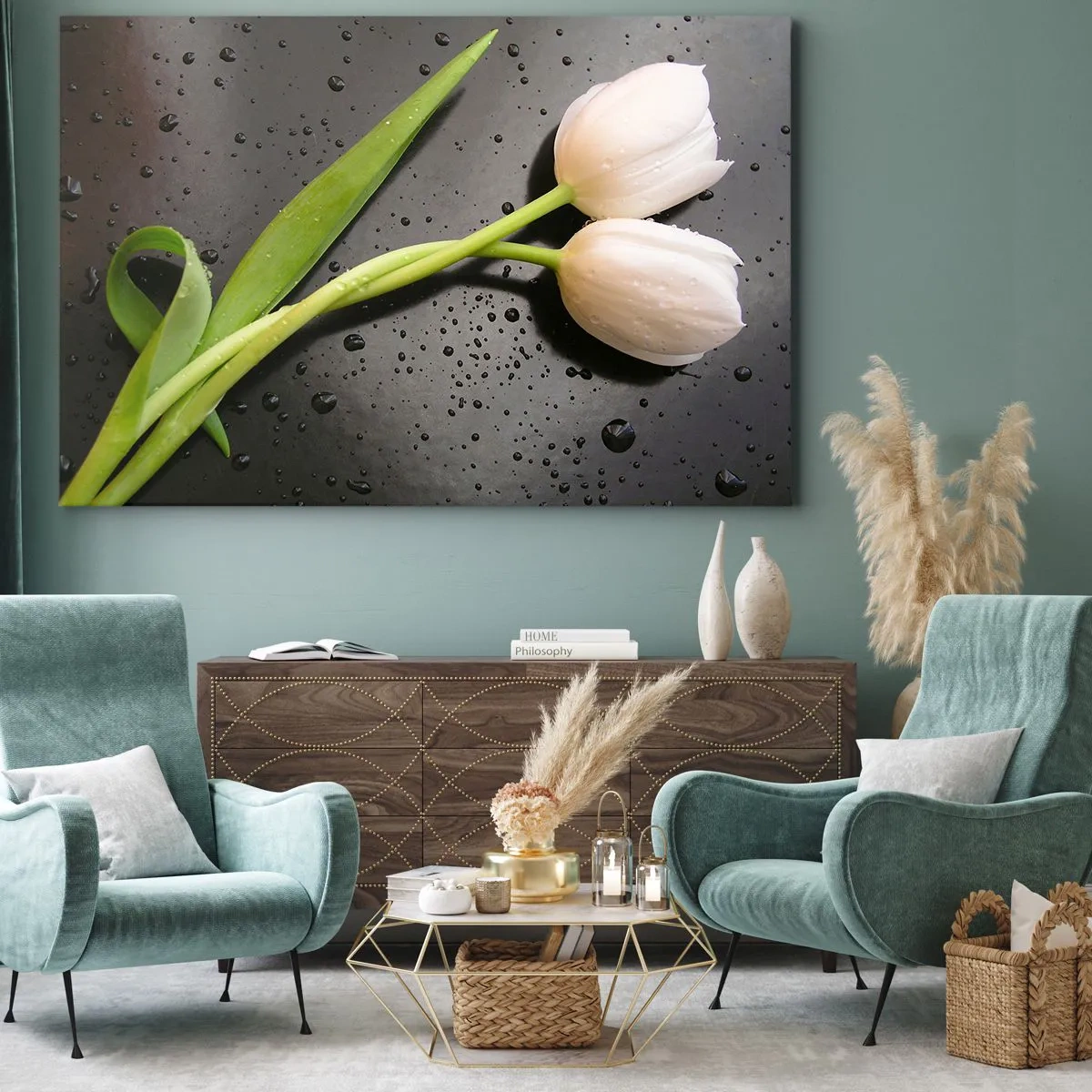 Bild auf Leinwand - Leinwandbild - Weiße Tulpen auf schwarzem Hintergrund mit Wassertropfen - 70x50cm - Frühlingsgewebe - Moderne Wanddekoration für Wohnzimmer und Schlafzimmer ARTTOR