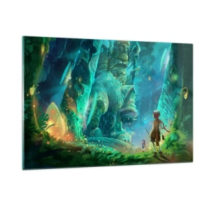 Glasbild - Bild auf glas - Fantasielandschaft mit einer Figur und einer antiken Statue im Wald - 120x80cm - Aus dem großen Märchenbuch - Moderne Wanddekoration für Wohnzimmer und Schlafzimmer ARTTOR