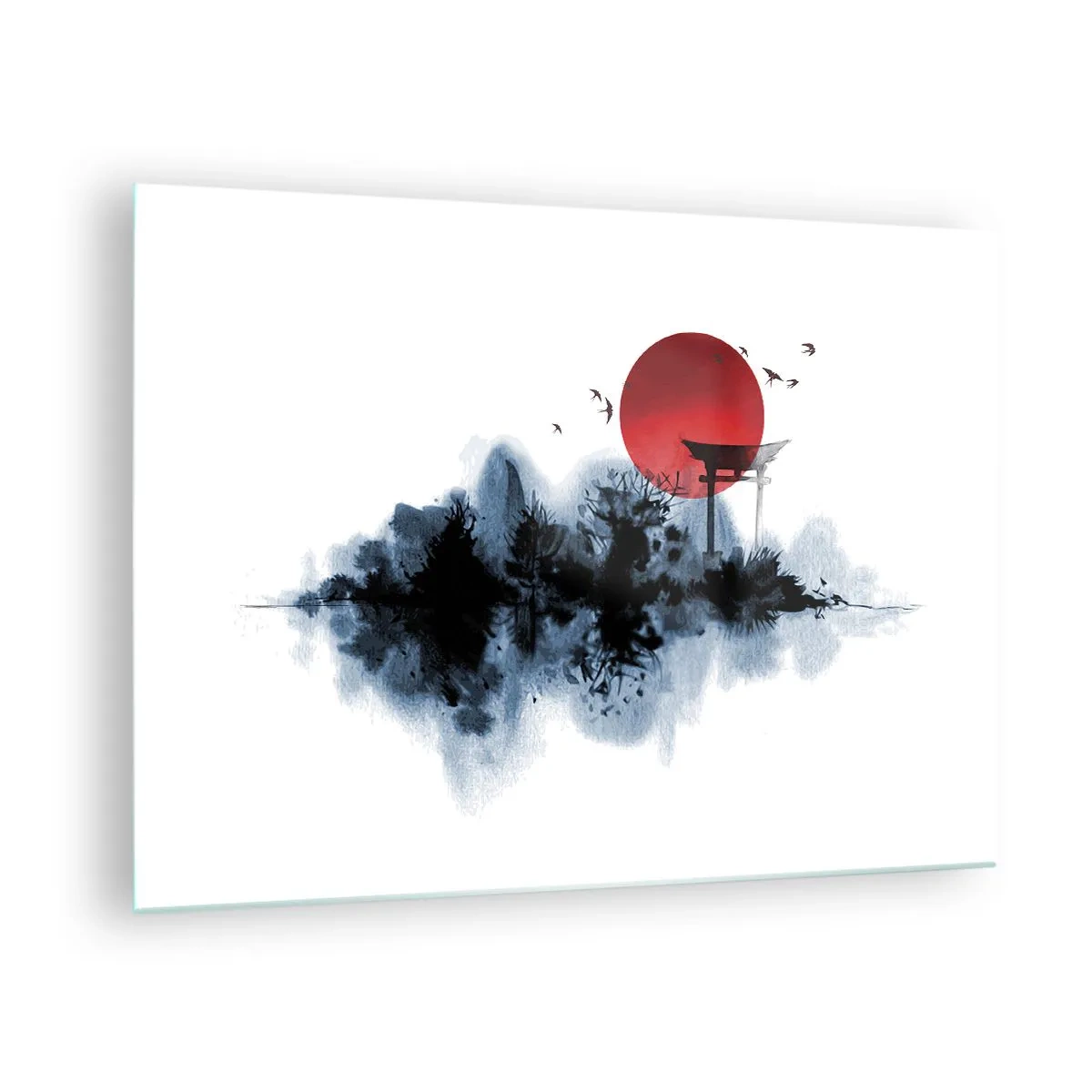Glasbild - Bild auf glas - Eine minimalistische Landschaft mit einem Torii-Tor und einer roten Sonne. - 70x50cm - Japanische Sicht - Moderne Wanddekoration für Wohnzimmer und Schlafzimmer ARTTOR