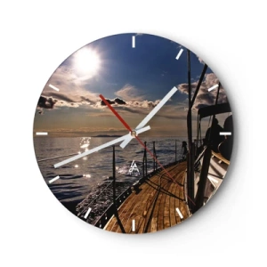 Wanduhr - Glasuhr - Ein sonniger Blick auf das ruhige Meer vom Deck einer Yacht - 30x30cm - Der Sonne entgegen segeln - Moderne Wanddekoration für Wohnzimmer, Küche und Schlafzimmer ARTTOR
