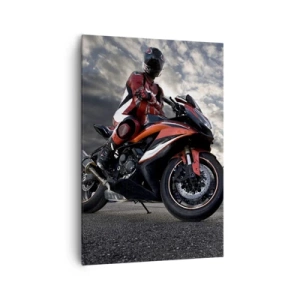 Bild auf Leinwand - Leinwandbild - Ein Motorradfahrer auf einem Sportmotorrad vor bewölktem Himmel - 70x100cm - Dunkler Reiter - Moderne Wanddekoration für Wohnzimmer und Schlafzimmer ARTTOR