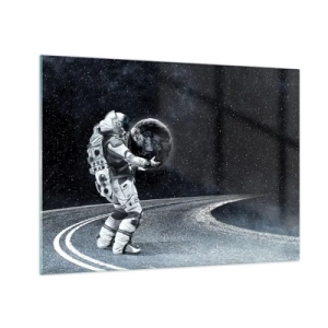 Glasbild - Bild auf glas - Ein Astronaut trägt die Erde auf ihrem Weg durch das Universum - 70x50cm - Auf der Milchstraße - Moderne Wanddekoration für Wohnzimmer und Schlafzimmer ARTTOR