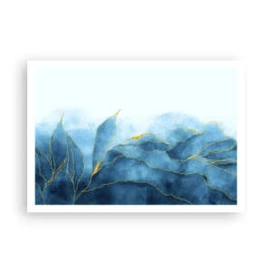 Poster - Abstrakte Wellen in Blautönen mit goldenen Akzenten - 100x70cm - Blau im Gold - Moderne Wanddekoration für Wohnzimmer und Schlafzimmer ARTTOR