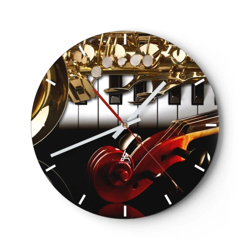 Wanduhr - Glasuhr - Eine Komposition aus Musikinstrumenten vor dem Hintergrund einer Tastatur - 30x30cm - Blech, Holz und Elfenbein - Moderne Wanddekoration für Wohnzimmer, Küche und Schlafzimmer ARTTOR