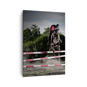 Bild auf Leinwand - Leinwandbild - Ein Reiter auf einem Pferd springt über ein Hindernis auf einer Rennbahn - 50x70cm - Gemeinsam zum Sieg - Moderne Wanddekoration für Wohnzimmer und Schlafzimmer ARTTOR