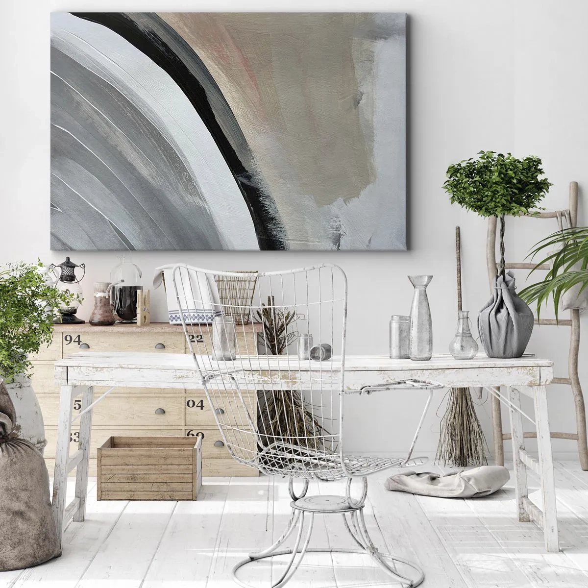 Bild auf Leinwand - Leinwandbild - Abstrakter Bogen in Schwarz-, Grau- und Beigetönen - 120x80cm - Komposition: Bogen aus Schwarz und Grau - Moderne Wanddekoration für Wohnzimmer und Schlafzimmer ARTTOR