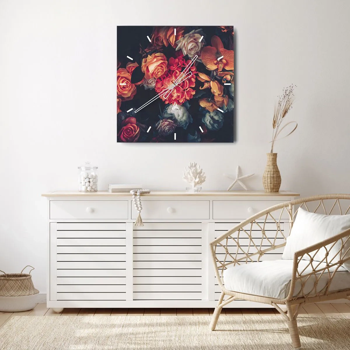 Wanduhr - Glasuhr - Ein Strauß verschiedener Blumen in dunklen Tönen - 30x30cm - Wie bei den holländischen Meistern - Moderne Wanddekoration für Wohnzimmer und Schlafzimmer ARTTOR