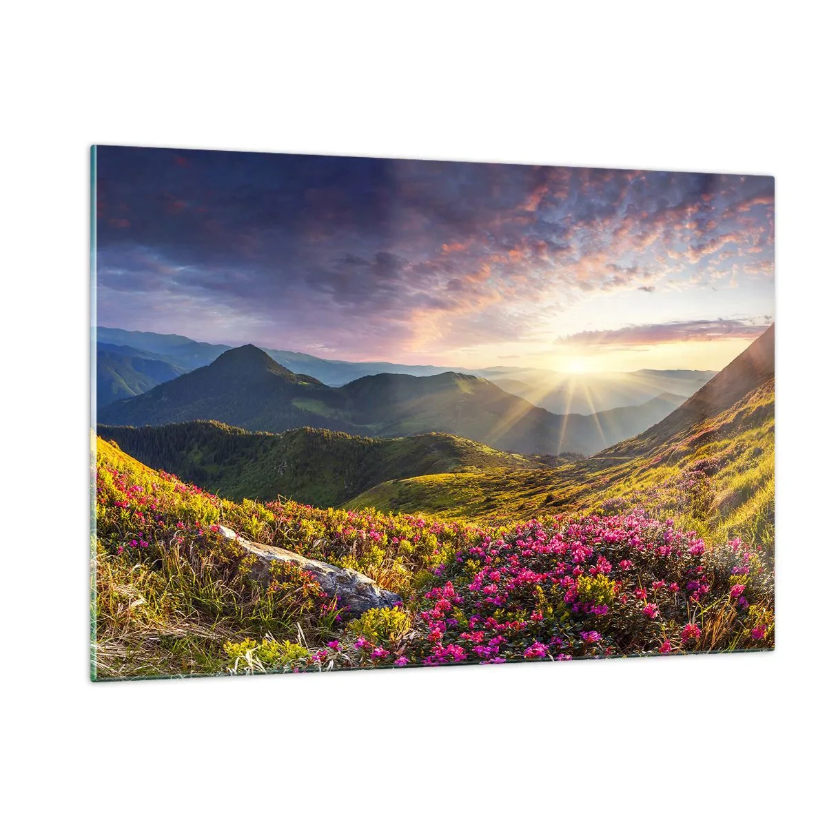 Glasbild - Bild auf glas - Berglandschaft bei Sonnenaufgang mit blühenden Blumen - 120x80cm - Frische am Bergmorgen - Moderne Wanddekoration für Wohnzimmer und Schlafzimmer ARTTOR
