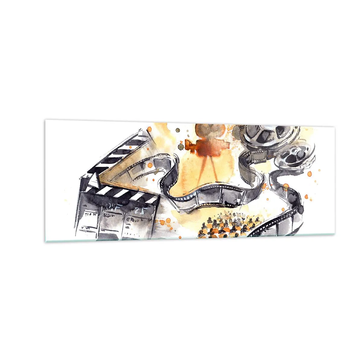 Glasbild - Bild auf glas - Die Symbolik des Kinos mit einem Filmstreifen in einem künstlerischen Aquarell - 140x50cm - Im Land der Träume - Moderne Wanddekoration für Wohnzimmer und Schlafzimmer ARTTOR