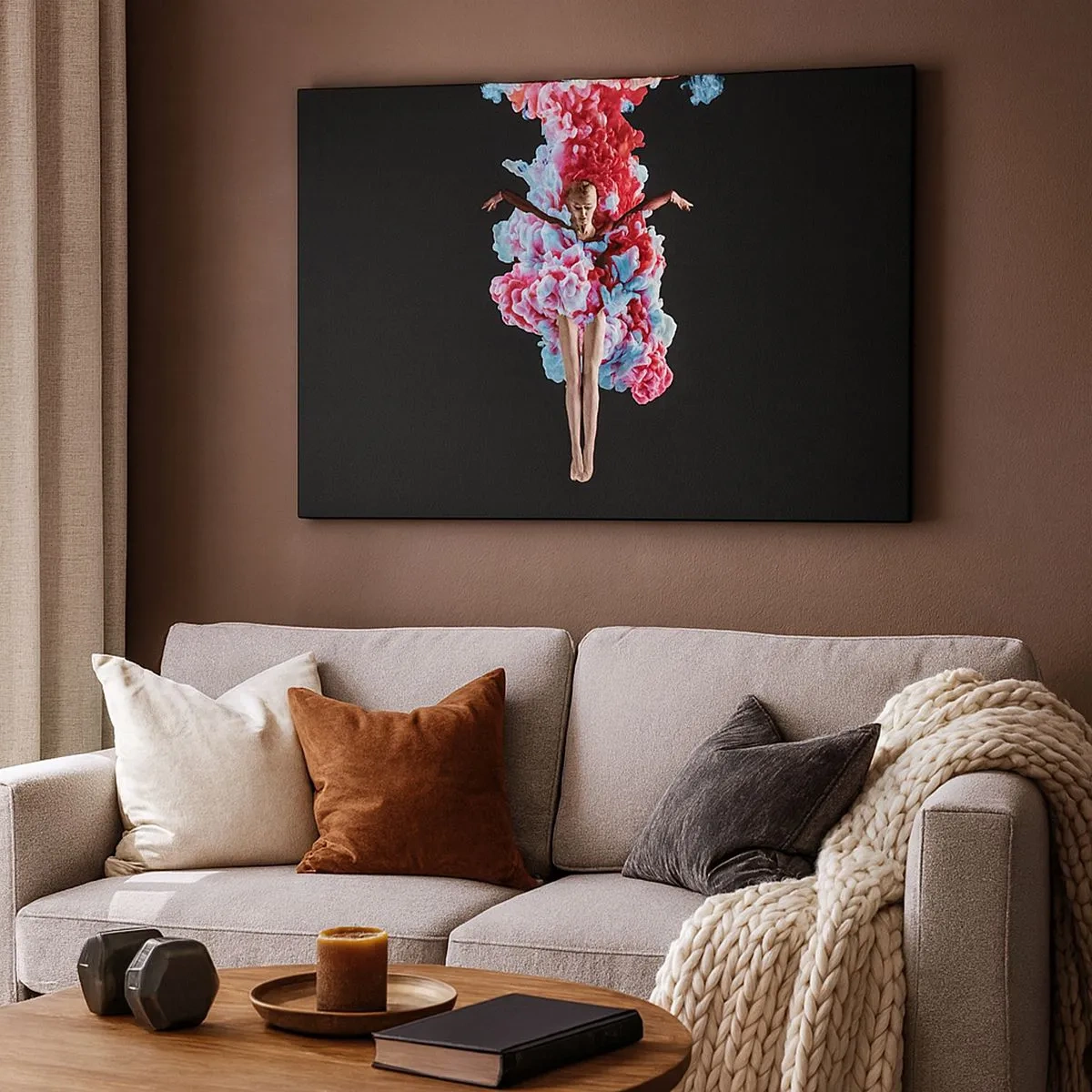 Bild auf Leinwand - Leinwandbild - Eine Tänzerin, umgeben von buntem Rauch auf schwarzem Hintergrund - 70x50cm - In voller Blüte - Moderne Wanddekoration für Wohnzimmer und Schlafzimmer ARTTOR