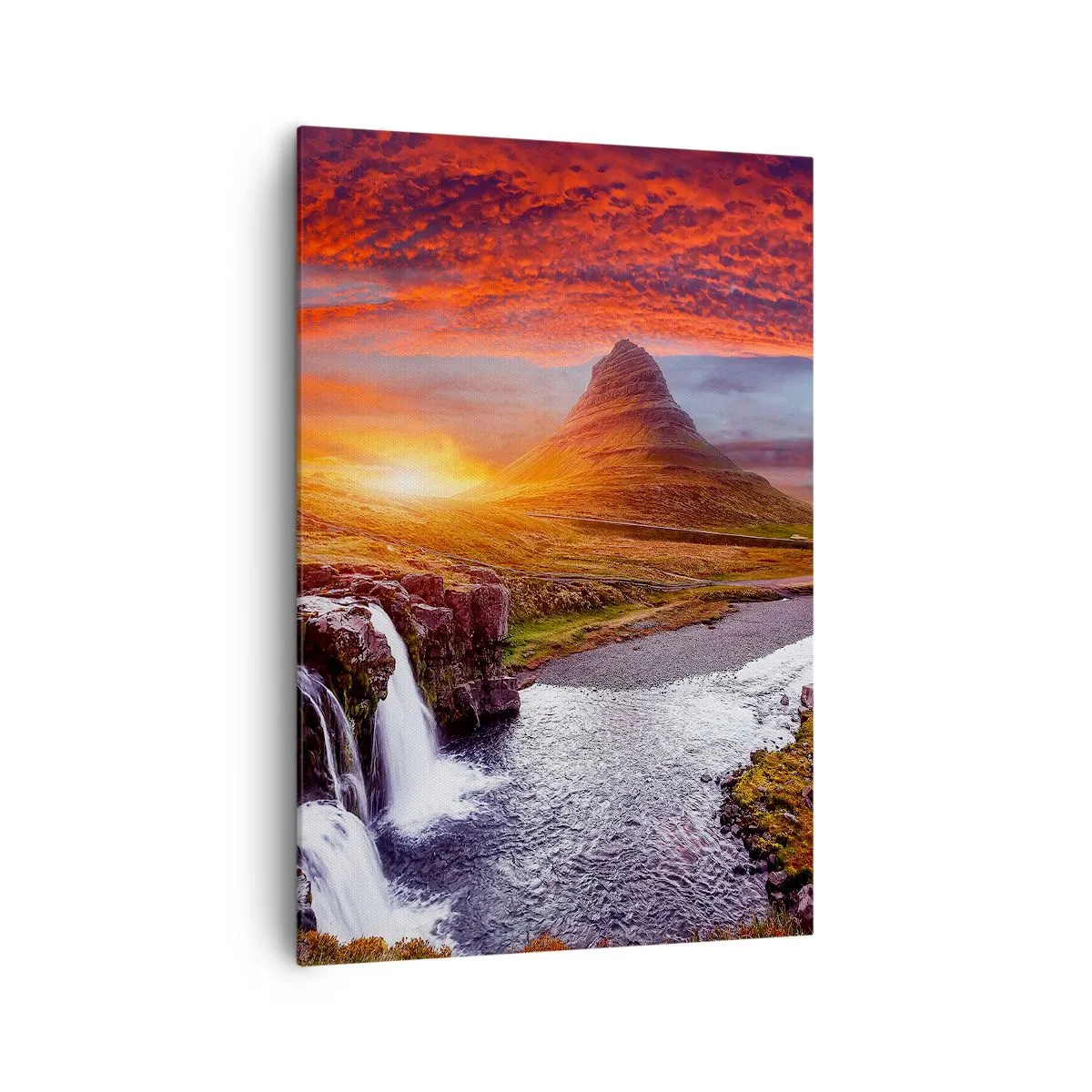 Bild auf Leinwand - Leinwandbild - Berglandschaft mit Wasserfall bei Sonnenuntergang - 70x100cm - Ein Blick auf Mittelerde - Moderne Wanddekoration für Wohnzimmer und Schlafzimmer ARTTOR