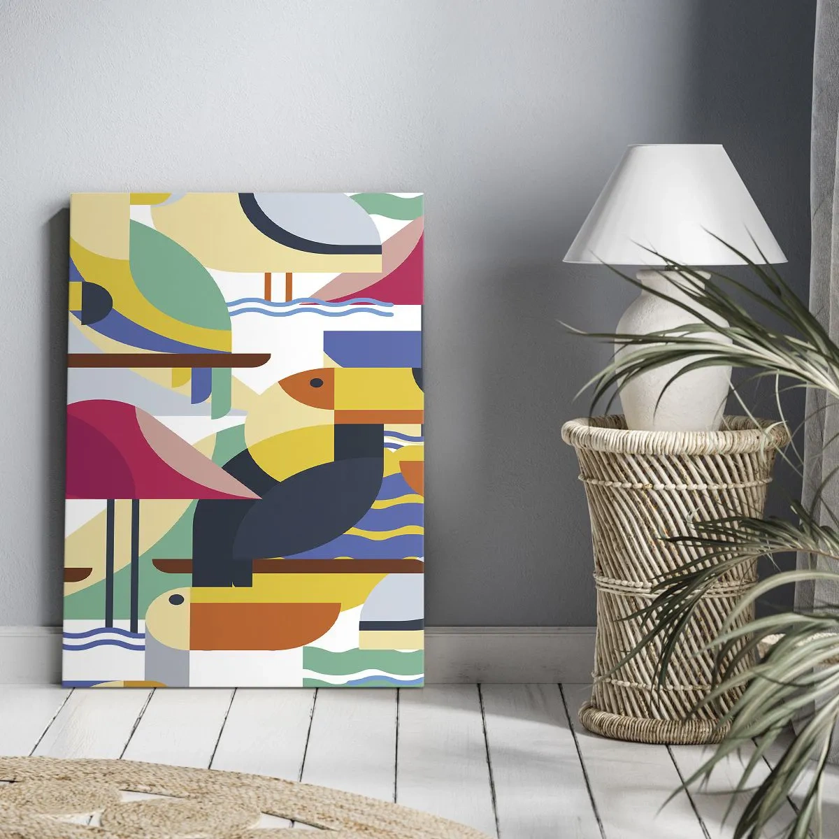 Bild auf Leinwand - Leinwandbild - Bunte Vögel in einer abstrakten, geometrischen Komposition - 50x70cm - Vogelparty - Moderne Wanddekoration für Wohnzimmer und Schlafzimmer ARTTOR