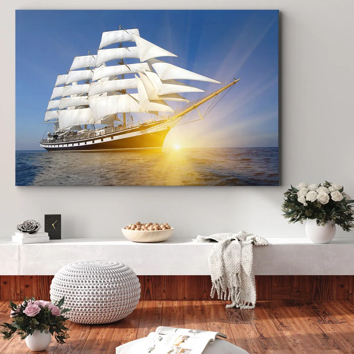 Bild auf Leinwand - Leinwandbild - Ein Segelschiff auf See im Licht der untergehenden Sonne - 120x80cm - Ihre Zeit wird nie vergehen - Moderne Wanddekoration für Wohnzimmer und Schlafzimmer ARTTOR